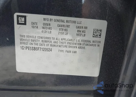 2015 Chevrolet Cruze 2Lt Auto из США, поврежденный, VIN 1G1PE5SB6F7120924